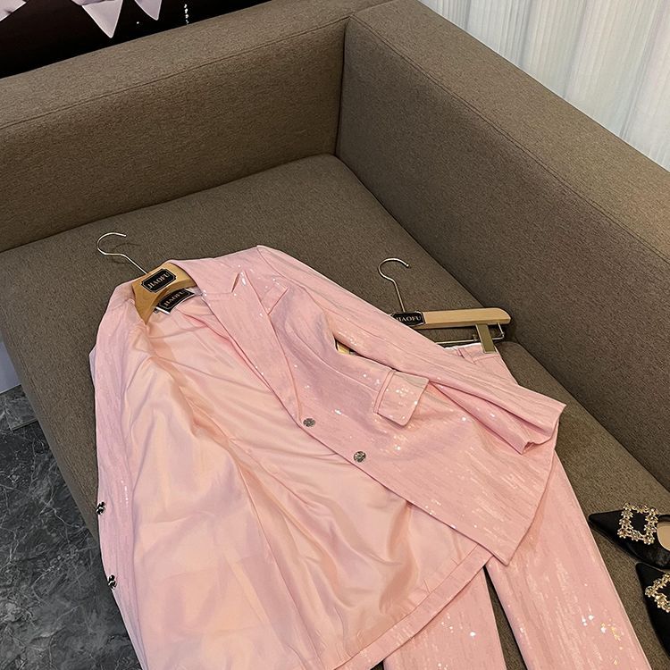 P autumn new pink temperament high-end casual blazer high waist trousers suit women