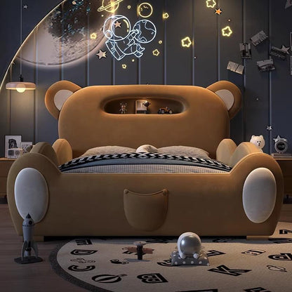 P children's bed girl boy princess bed light luxury modern simple bedroom fabric bed cartoon cute bear leather bed