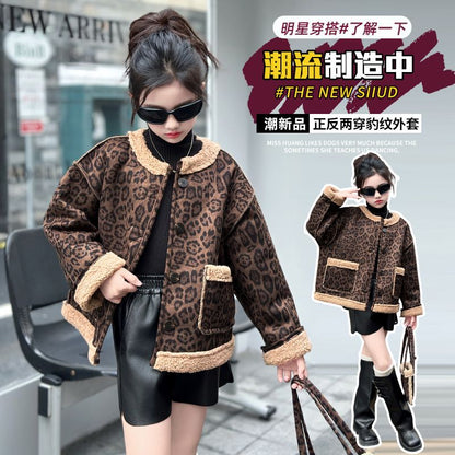 P autumn and winter foreign style new two-sided lamb leopard print top thickened children