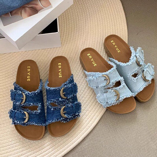 P denim thick-bottomed Birkenstocks slippers women's summer wear new Korean version French temperament casual flat-bottomed women's sandals - Mixbatch