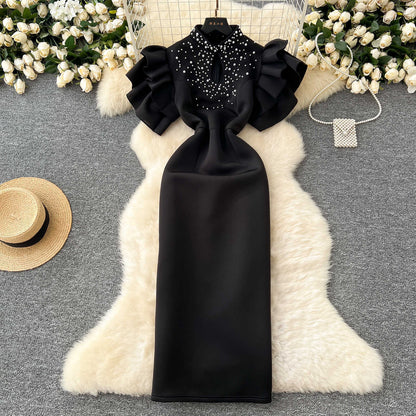 P dinner party dress women's clothing niche European and American sexy hollow bead lotus leaf sleeve waist slim hip dress