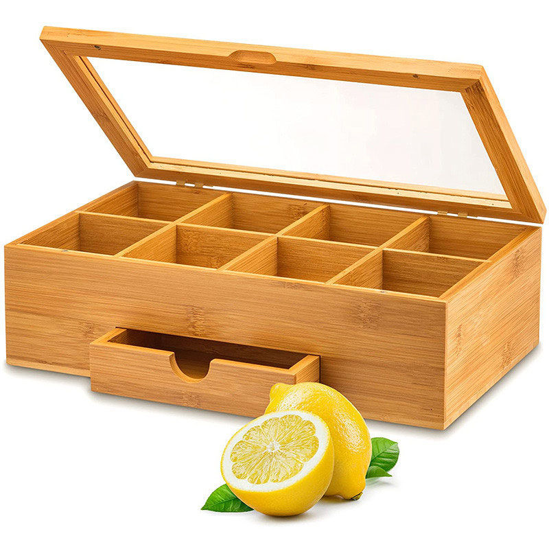 P Wooden Tea Box Simple Grid Bamboo and Wood Storage Box Acrylic Transparent Flip Tea Bag Gift Packaging Box