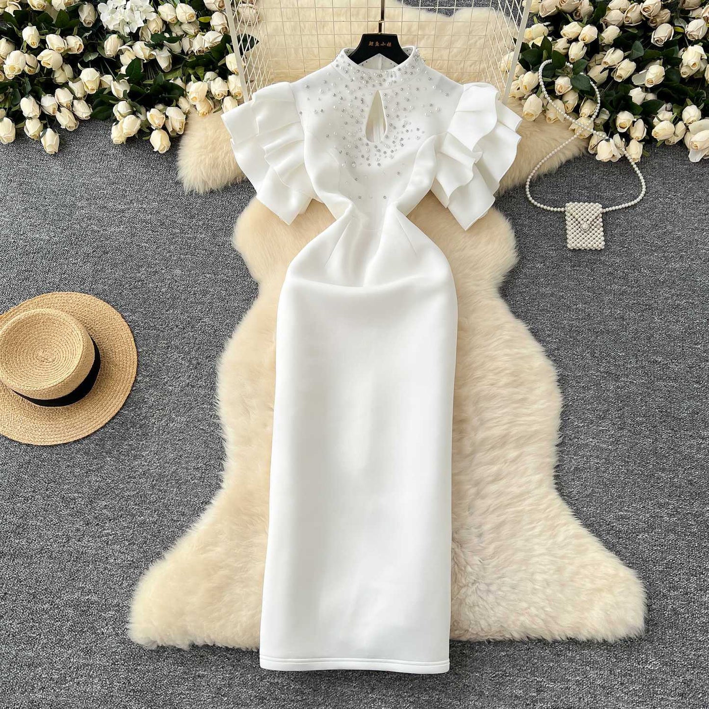 P dinner party dress women's clothing niche European and American sexy hollow bead lotus leaf sleeve waist slim hip dress
