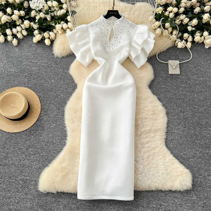 P dinner party dress women's clothing niche European and American sexy hollow bead lotus leaf sleeve waist slim hip dress