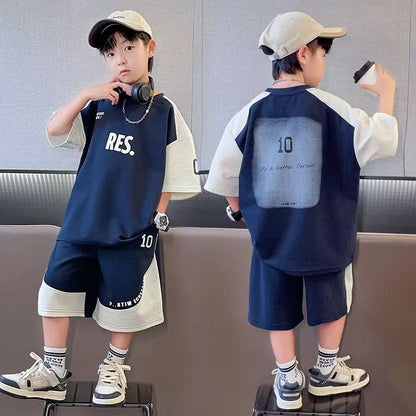 P [Pure Cotton Set] Boys Summer Short Sleeve Set Medium and Older Children's Sports Two-piece Set Boys Handsome Short Sleeve Shorts