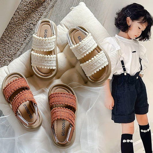 P girls sandals summer new woven children's princess shoes seaside vacation baby beach shoes little girl cool slippers