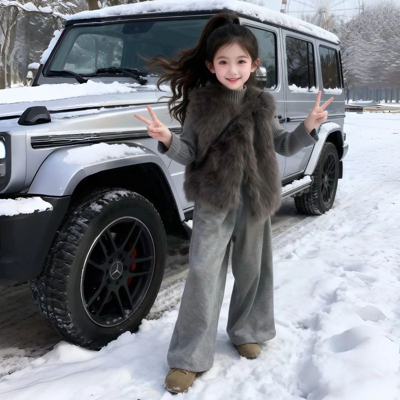 P Girls' Suit Autumn and Winter New Fashion Children's Fur Vest Foreign Thickened Pants Fashionable Three-Piece Set