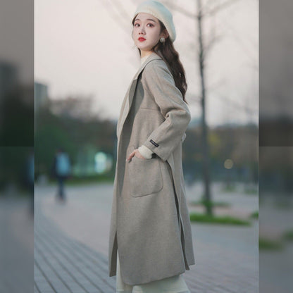 P long double-sided woolen coat fashionable waist woolen coat women's coat trendy coat