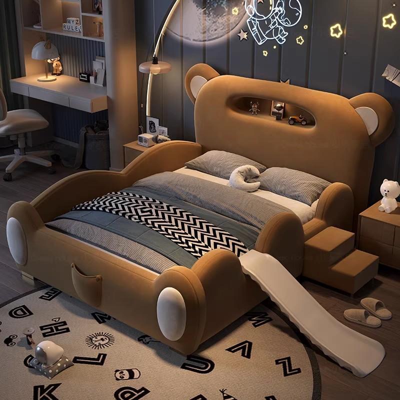 P children's bed girl boy princess bed light luxury modern simple bedroom fabric bed cartoon cute bear leather bed