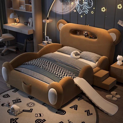 P children's bed girl boy princess bed light luxury modern simple bedroom fabric bed cartoon cute bear leather bed
