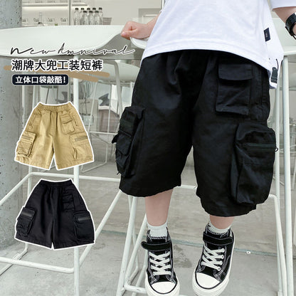 P boys shorts summer cotton overalls new handsome boys middle pants children's baby loose thin five-point pants