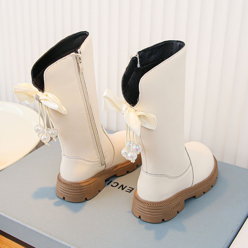 P new princess shoes children's boots medium and older children's soft-soled winter shoes long boots velvet leather boots