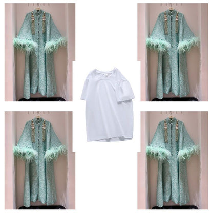 P Beaded Ostrich Hair Long Jacket