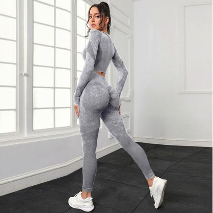 P new fashion washed hip lift high waist sports fitness pants two-piece set mesh tight long sleeve yoga fitness set