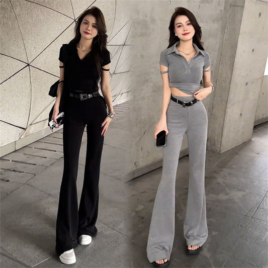 P summer new Spice Girl design short top + high waist and thin pants