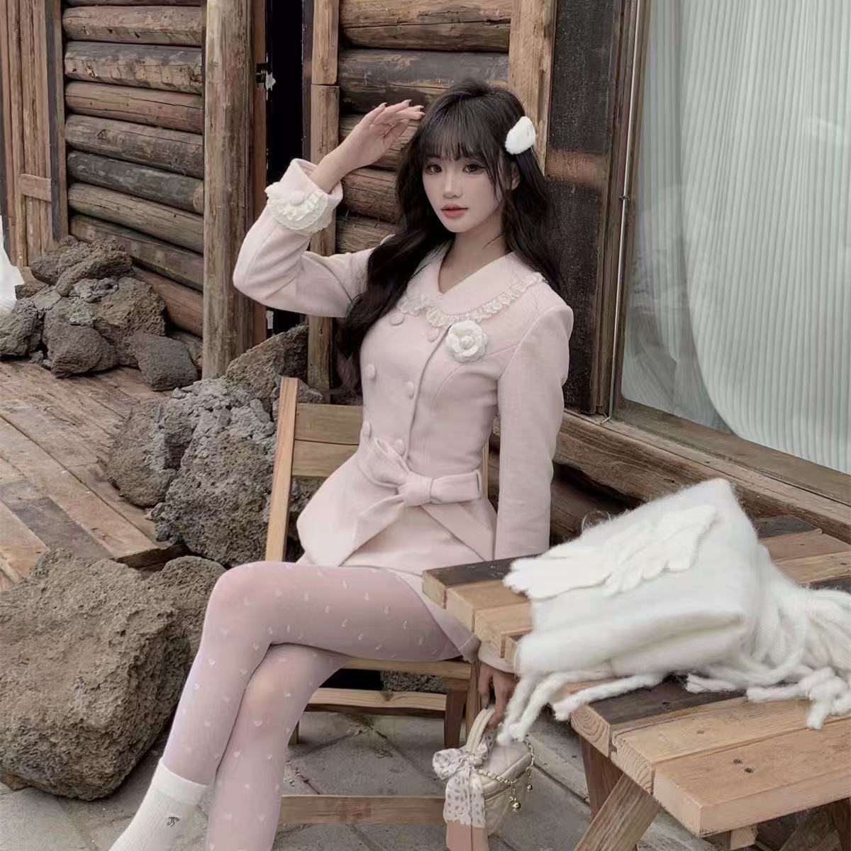 P Bowknot Waist-Cinching Coat and Dress Set
