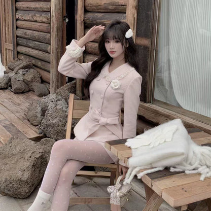 P Bowknot Waist-Cinching Coat and Dress Set