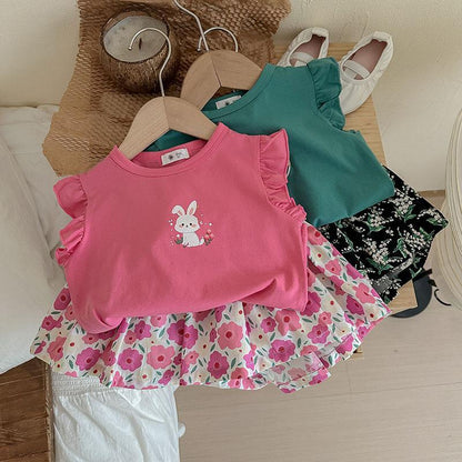 P Summer New Girls Flying Sleeves Short Sleeves T Foreign Style Baby Floral Shorts Two-piece Set 1