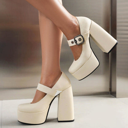 P versatile waterproof table one-word buckle with square head thick heel high heel single shoes hate sky high nightclub women's shoes