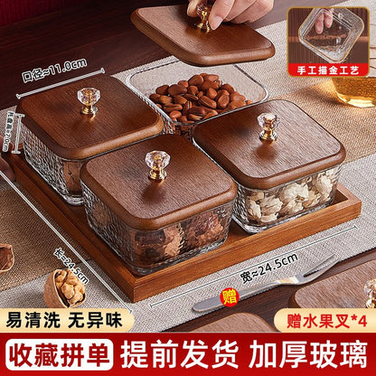 P Bamboo Wood Glass Fruit Snack Plate with Lid