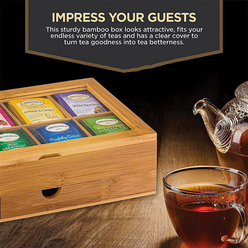P Wooden Tea Box Simple Grid Bamboo and Wood Storage Box Acrylic Transparent Flip Tea Bag Gift Packaging Box
