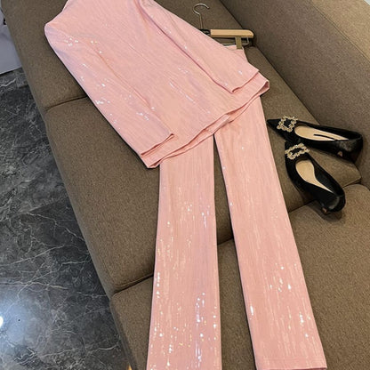 P autumn new pink temperament high-end casual blazer high waist trousers suit women