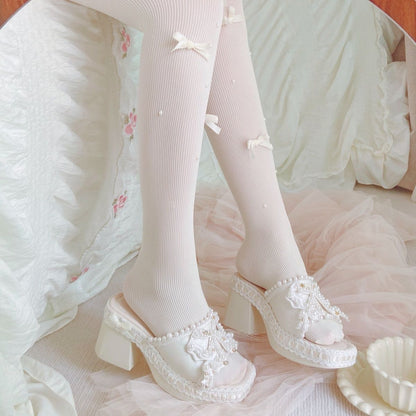 P lolita sweet pearl bow thick root sandals one word with half drag summer sweet cream wind outside slippers