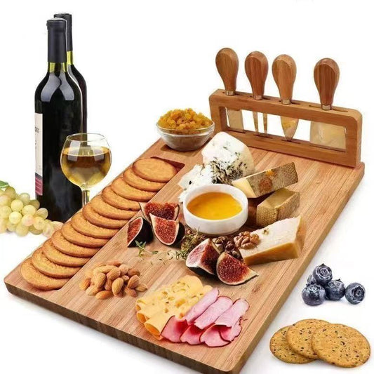 A Bamboo Plate Western Food Outdoor Pizza Plate with Knife Set Cutting Board Convenient Wooden Tray Cheese Board Set