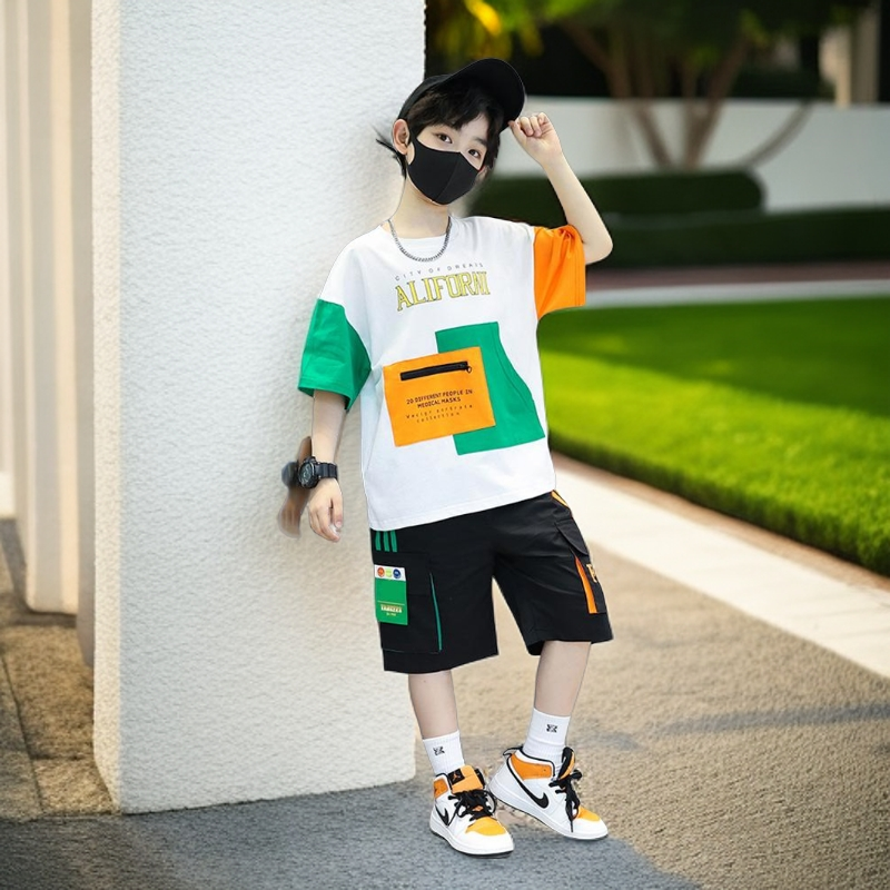 P boys summer suit popular foreign Korean version medium and older boys handsome summer short-sleeved two-piece set for children