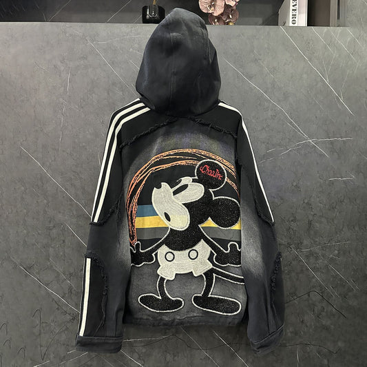 P Spring and Autumn New Heavy Industry Design Sense Cartoon Mickey Hooded Cardigan Sweater