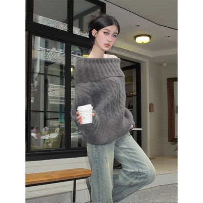 p pure desire lazy gray sweater new autumn and winter twist knitted sweater loose long-sleeved one-word top