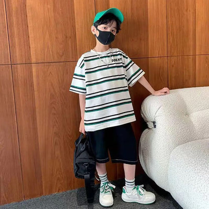 P boys summer short-sleeved set new striped half-sleeved medium and older children loose pure cotton two-piece set Korean version handsome