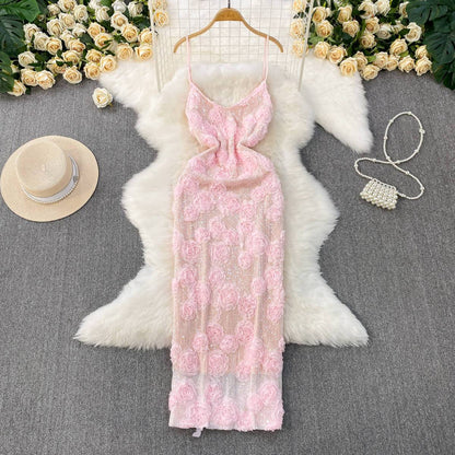 P socialite beautiful three-dimensional flower sweet age-reducing suspender dress women's summer high-end sequins slim princess dress