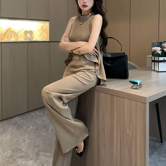 A new high-end neck sleeveless top high-waisted wide-leg pants two-piece set - Mixbatch