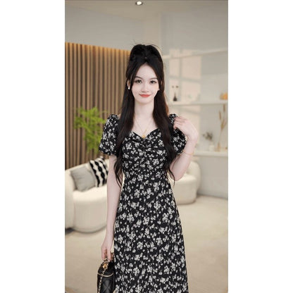 P floral bubble sleeve dress waist long V-neck dress