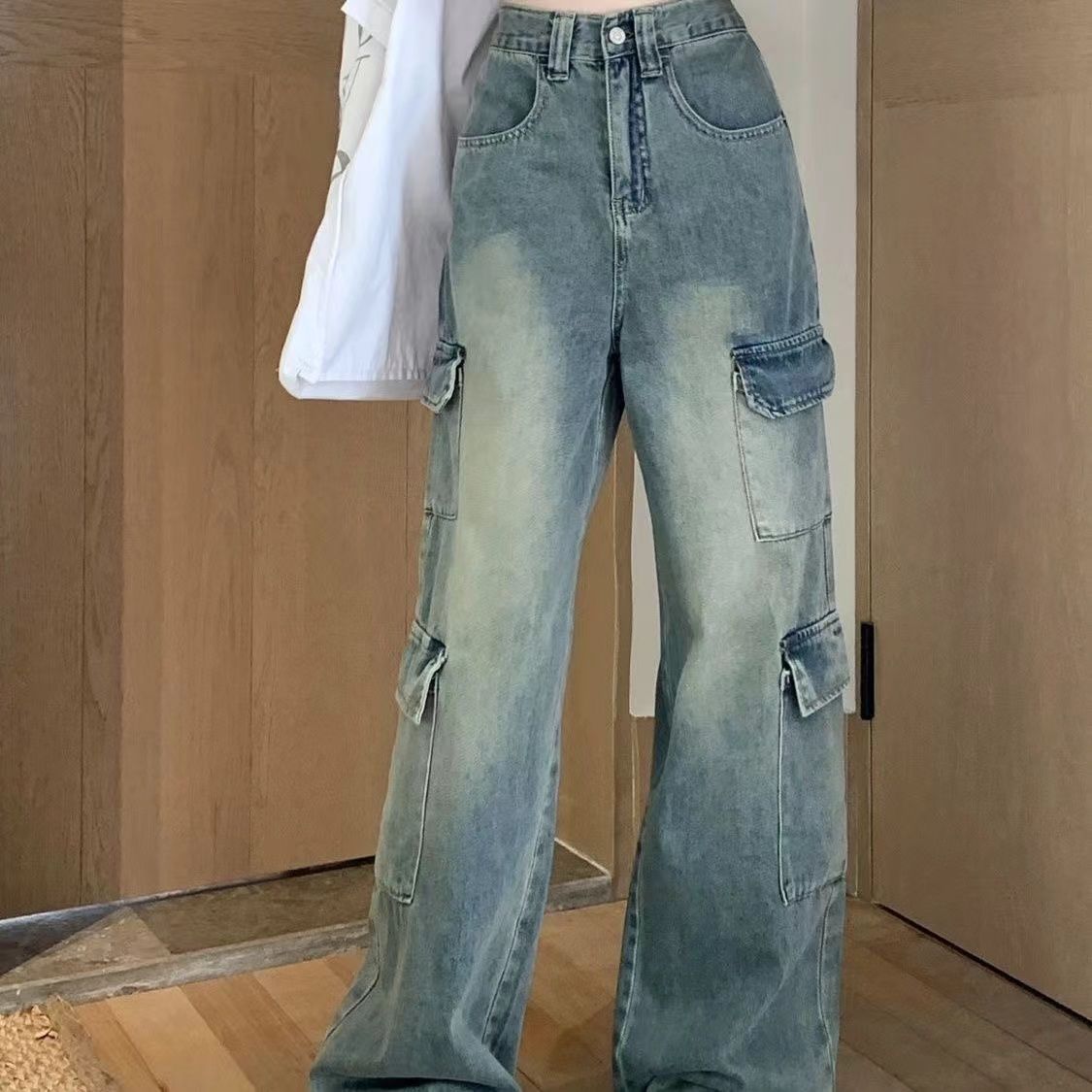 A American retro tooling jeans women's autumn new loose high-waisted and thin straight wide-leg pants floor-mopping trousers