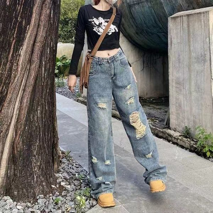 P American vibe ripped wide-leg jeans women's summer Korean version ins high waist and thin loose versatile straight-leg pants tide