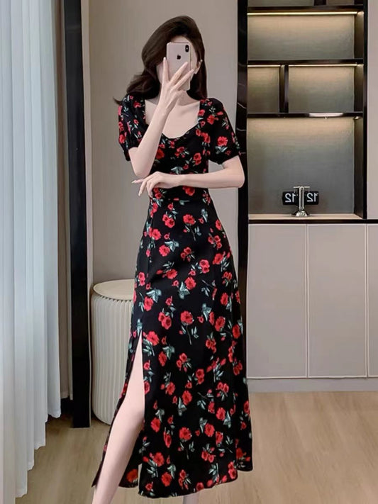 P floral bubble sleeve dress waist long V-neck dress