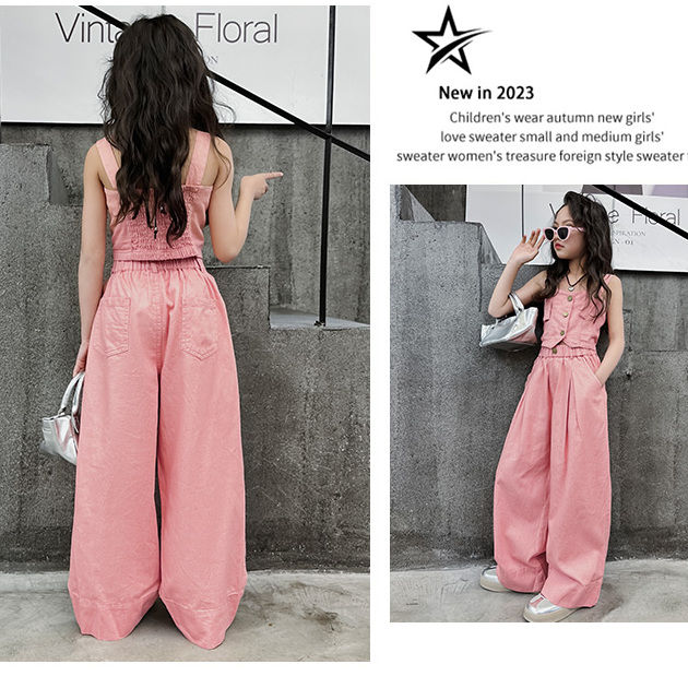A Korean version of children's denim suit summer middle and old children's foreign style Internet celebrity suspender casual girl wide-leg pants suit