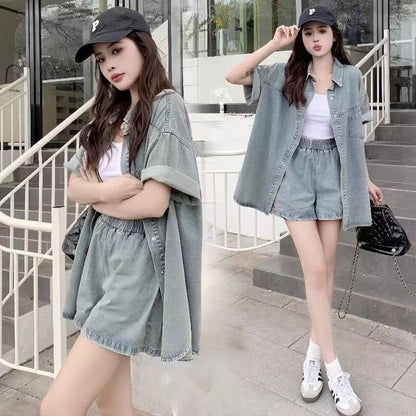 P summer short-sleeved casual loose and thin retro denim shirt and shorts two-piece set