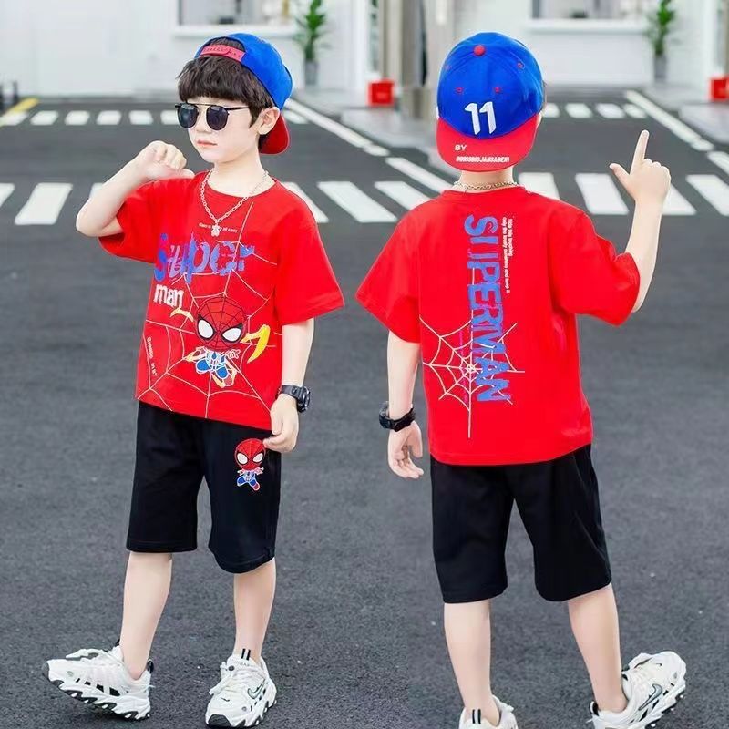 P pure cotton boys summer suit new spider-man children's short-sleeved casual two-piece set Korean version two-piece set tide