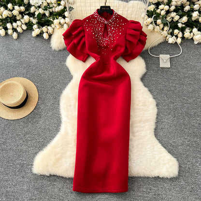 P dinner party dress women's clothing niche European and American sexy hollow bead lotus leaf sleeve waist slim hip dress