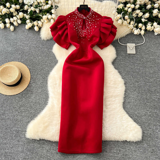 P dinner party dress women's clothing niche European and American sexy hollow bead lotus leaf sleeve waist slim hip dress
