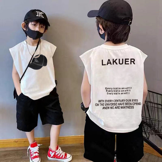 P boys pure cotton vest new set children's baby two-piece set summer trendy children's handsome thin sleeveless