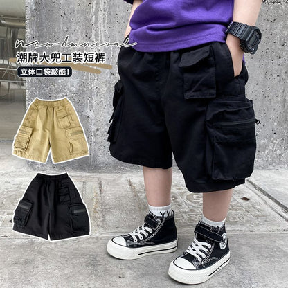 P boys shorts summer cotton overalls new handsome boys middle pants children's baby loose thin five-point pants