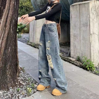 P American vibe ripped wide-leg jeans women's summer Korean version ins high waist and thin loose versatile straight-leg pants tide