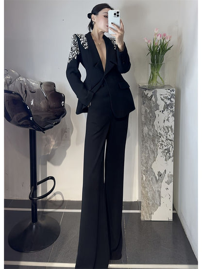 P Korean version of light luxury heavy industry hot diamond suit trousers suit fashion temperament high foreign style two-piece set tide