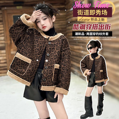 P autumn and winter foreign style new two-sided lamb leopard print top thickened children