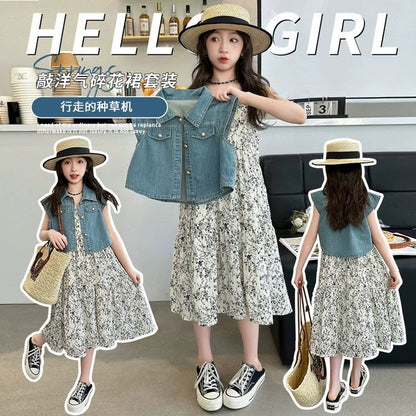 P girls summer summer denim vest two-piece set