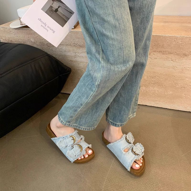 P denim thick-bottomed Birkenstocks slippers women's summer wear new Korean version French temperament casual flat-bottomed women's sandals - Mixbatch